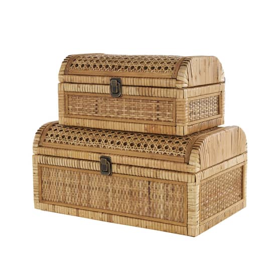 Brown Rattan Handmade Woven Storage Box with Curved Tops & Wrapped Edges, 2ct.